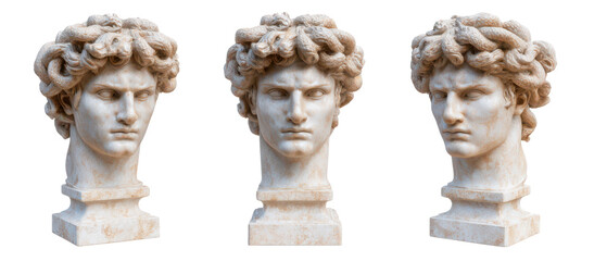 Classical Sculpture of Head with Wreath in Three Views Isolate on Transparent Background, png