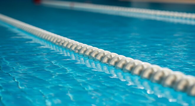 Swimming pool lane markers close up on blue water background