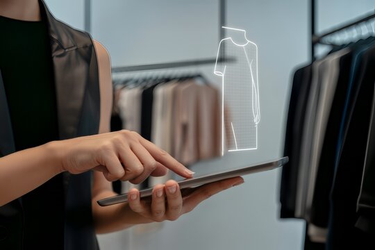 Close-up of a fashion professional using a digital tablet to display an augmented reality clothing pattern outline in a modern retail boutique, highlighting innovation in design and technology.