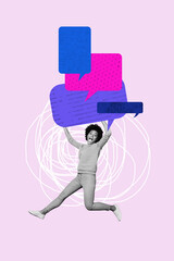 Banner image collage photo of excited girl hold bubble communication icon chatterbox speech correspondence mind notification