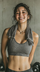 スポーツジムでタオルを肩にかけて微笑む女性（AI生成）(縦構図）