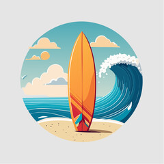 Surfboard on sandy beach with ocean wave