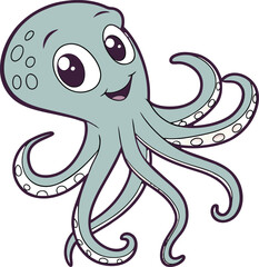 Cute cartoon octopus character with big eyes and tentacles ocean life isolated on transparent background