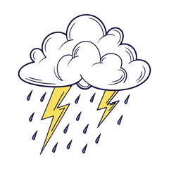 Dramatic storm cloud with lightning strikes and heavy rain shower isolated on transparent background