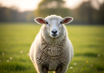 Fototapeta premium A fluffy white sheep stands prominently in a vibrant green pasture, looking directly at the viewer with soft natural light.