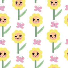 Yellow kawaii flowers with butterfly seamless pattern. Vector Illustration for backgrounds, covers and packaging. Image can be used for greeting card, poster and textile. Isolated on white background.