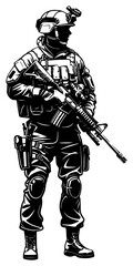 soldier on a transparent background, art, black, drawing, gun, soldier 