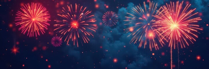 Fototapeta premium Vibrant red and orange fireworks explode across a dark blue night sky with scattered lights