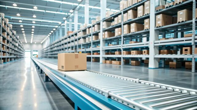 Modern warehouse with conveyor system and packed boxes ready for distribution and logistics management