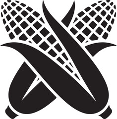 Stylized black and white icon of two crossed corn cobs