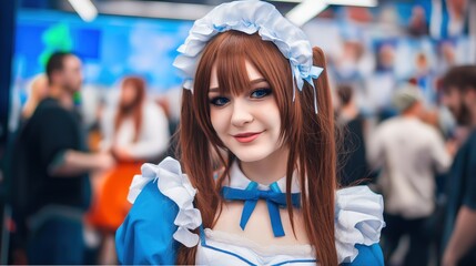 Female cosplaying as maid from anime posing at anime exhibition