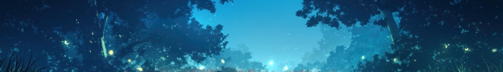 Panoramic view of the summer night landscape nature with fireflies illustration