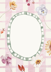 Watercolor Template Frame with chekered background, flowers and berries. Cozy autumn design. Whimsical vintage element in cottagecore style for invitation, social media and posters.