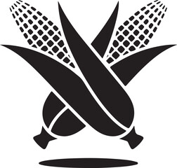 Two crossed corn cobs with leaves in silhouette illustration