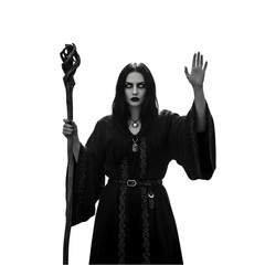 Mysterious Woman in Black Robe Casting a Spell with a Magical Staff: Dramatic Monochrome Portrait isolated on transparent background
