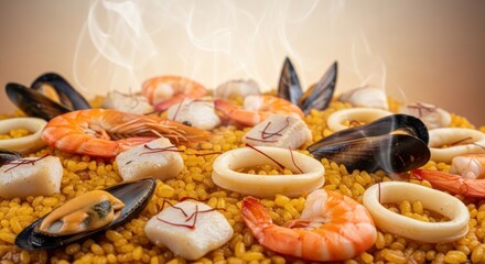 Delicious seafood paella with saffron, shrimp, mussels, and squid rings