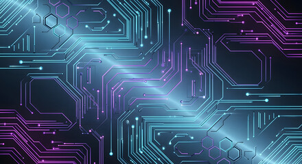 Abstract digital circuit board with glowing lines and intricate designs.