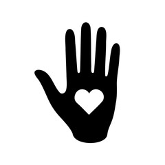 Hand with Heart Silhouette Symbolizing Love, Care, and Support in Black and White
