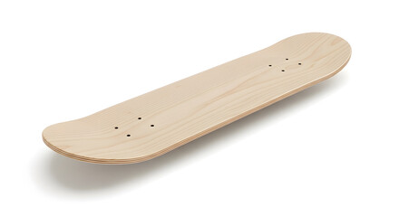 Unfinished natural wooden skateboard deck, ready for customization, isolated on a white background.