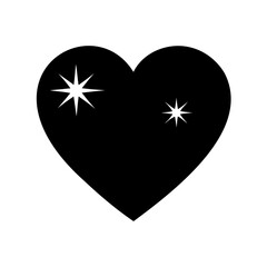 Black heart with two stars shining inside of it on white background