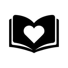Black silhouette illustration of an open book with a heart shape inside