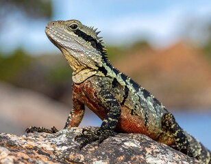 Close-up of a reptile perched on a textured rock, gazing upwards