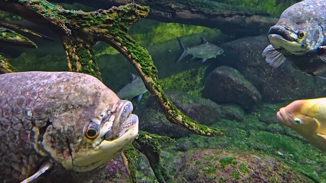 Close up view of an Elephant Ear Gourami fish swimming slowly around underwater.