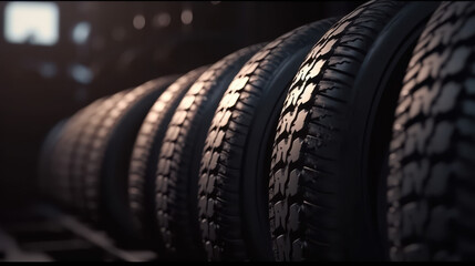 Row of brand new, durable car tires ready for adventure and reliable road performance
