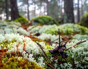 Close-up of forest floor with lichen, moss, and out-of-focus trees
