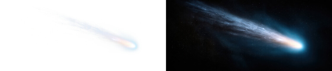 Fototapeta premium Cosmic Comet in Deep Space Captured with a Celestial View Display on Transparent and Black Background, png