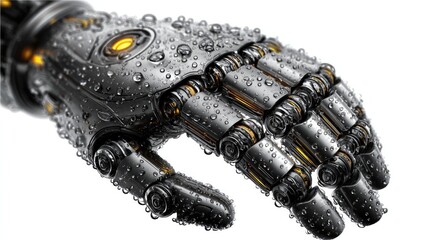 Cybernetic Hand: A detailed view of a cybernetic hand, with a metallic finish, glistening with droplets, and showcasing intricate engineering.