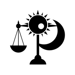 Symbolic representation of balance with astrological and celestial elements, in monochrome