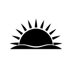 Graphical depiction of a sun rising over water or land silhouette