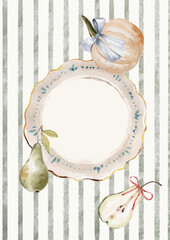 Watercolor Template Frame with stripes background, pumpkin and pear. Cozy autumn design. Whimsical vintage element in cottagecore style for invitation, social media and posters.