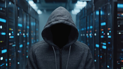 Digital Intruder: A faceless figure in a hoodie stands amidst the glow of server racks, symbolizing the unseen threats of the digital realm and the ever-present risk of cyber intrusion.