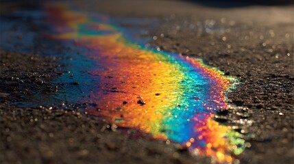 Oil slick on asphalt creates a colorful rainbow pattern.