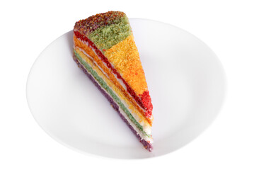 Piece of rainbow cake on a plate isolated on transparent background.