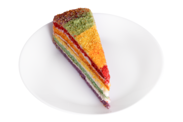 Piece of rainbow cake on a plate isolated on transparent background.