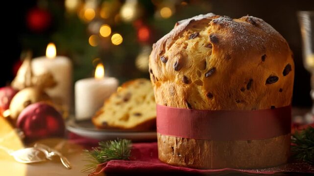 Delicious traditional sweet holiday fruit bread cake with red ribbon, festive Christmas dinner table setting, blurred lights.
