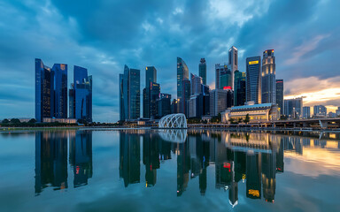 Fototapeta premium Singapore skyline reflecting in water at dusk scenic city view