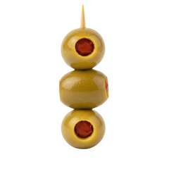 Delicious stack of green olives with pimientos, skewered against a black background