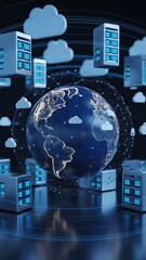 Earth globe surrounded by servers and clouds data centers