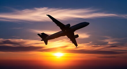 Airplane Silhouette Against a Vibrant Sunset Sky - A Journey into the Horizon.