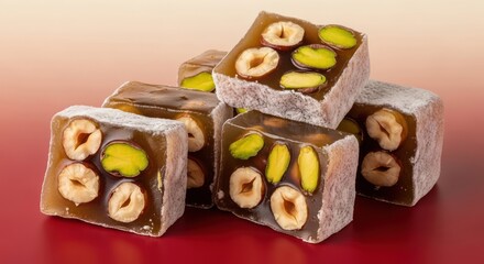 Delightful Stack of Turkish Delight with Hazelnuts and Pistachios close up
