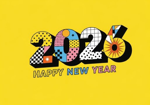 Happy new year 2026 text with colorful patterns and yellow background