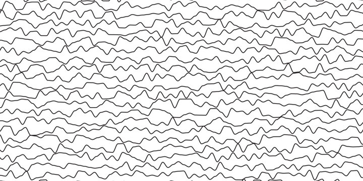 Abstract pattern of continuous irregular hand-drawn wavy gray lines on white.