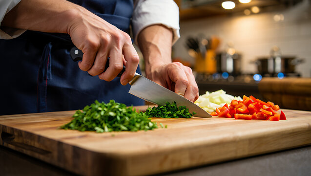 Close-up of a professional chef's hands expertly dicing fresh vegetables on a wooden cutting board in a restaurant kitchen - Powered by Adobe