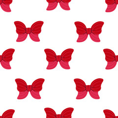 Seamless pattern with red and pink bows in a checkerboard pattern on a white background. Bow in the shape of a butterfly. Design for baby shower, girl invitations.