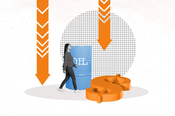 Creative sketch 3d collage poster of happy happy inexperienced businesswoman stand arrow regress...