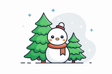 Snowman hugging tree icon friendly winter forest scene